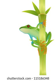Smiling green frog sitting on bamboo vector illustration