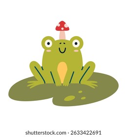 Smiling green frog sitting on a lily pad with a red amanita mushroom growing from its head. Trendy modern vector illustration isolated on white, hand drawn, flat design