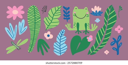 Smiling green frog surrounded by tropical leaves, colorful flowers, and a dragonfly. A whimsical nature-inspired design for jungle or rainforest themes.