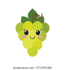 Uva verde sonriente, carácter lindo de la historieta, cara feliz, estilo kawaii, ojos grandes, vino blanco jugoso maduro, símbolo, emoji, Ilustración vectorial del icono.