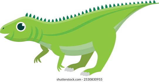 Iguana verde sorridente caminha feliz em sua direção em uma ilustração de desenho animado, perfeito para crianças interessadas em vida selvagem