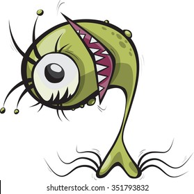 smiling green microbe with fangs, vector illustration for children