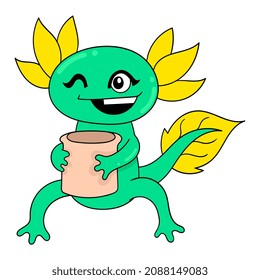 smiling green monster carrying a drink, vector illustration art. doodle icon image kawaii.