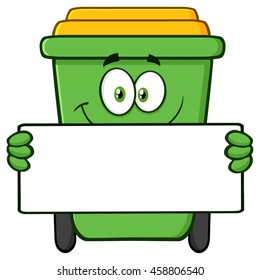 Smiling Green Recycle Bin Cartoon Mascot Character Holding A Blank Sign. Vector Illustration Isolated On White Background
