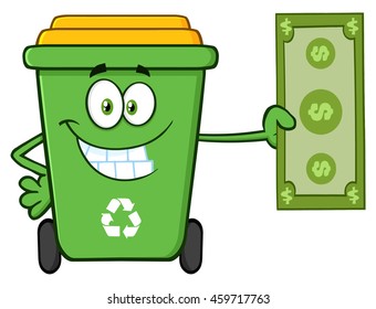 Smiling Green Recycle Bin Cartoon Mascot Character Holding A Dollar Bill. Vector Illustration Isolated On White Background