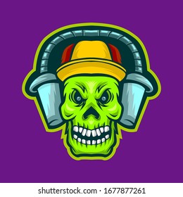 smiling green skull with red caps mascot logo