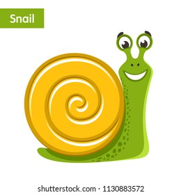 
Smiling green snail with yellow shell. Funny cartoon character on white background. Flat design. Isolated object. Colorful vector illustration for kids.