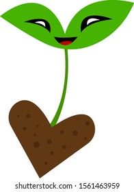 smiling green sprout in the soil in the shape of a heart crop and gardening concept cartoon character on a white background