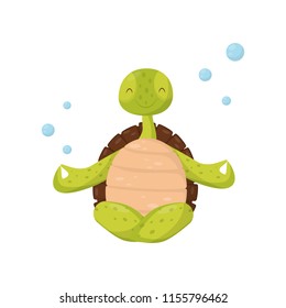 Smiling green turtle sitting in lotus position. Underwater yoga. Funny marine creature with brown shell. Sea animal. Flat vector icon