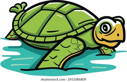 Smiling green turtle swimming in water. Cute cartoon turtle character. Child-friendly aquatic animal design vector illustration.