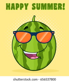 Smiling Green Watermelon Fruit Cartoon Mascot Character With Sunglasses. Vector Illustration With Halftone Background And Text Happy Summer