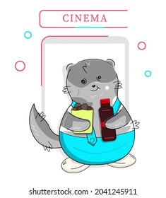 A smiling grey cat going to a cinema. He is holding a pack of cakes and a lemonade bottle. A background is in an image of an entrance to the cinema with a signboard above it.   