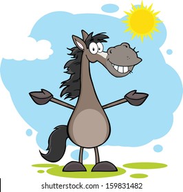 Smiling Grey Horse Cartoon Mascot Character With Open Arms Over Landscape. Vector Illustration 