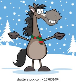 Smiling Grey Horse Cartoon Mascot Character Over Winter Landscape. Vector Illustration 