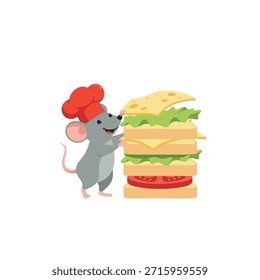 Un ratón gris sonriente con un sombrero de chef rojo se para junto a un sándwich muy alto.
