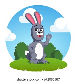 Smiling grey rabbit with big ears waving hand. Cartoon bunny animal sitting outside on the green grass. Flat style vector illustration isolated on white background.