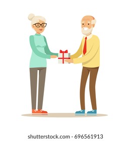 Smiling grey senior giving gift box to beautiful senior woman colorful characters vector Illustration
