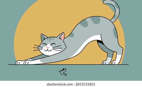 Smiling grey tabby cat stretching its body on the ground with a small bird flying overhead against a large sun.