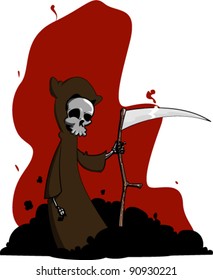 Smiling Grim Reaper with scythe and smoke.