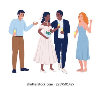 Smiling groom and bride with friends semi flat color vector characters. Editable figures. Full body people on white. Simple cartoon style illustration for web graphic design and animation