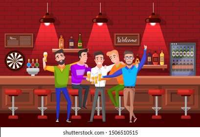 Smiling groom hugging friends, men drinking beer in pub. Males celebration bachelor party, laughing people standing near bar counter with alcohol. Vector illustration in flat cartoon style