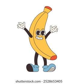 Smiling Groovy Banana. Hand draw Funny Retro vintage trendy style fruit cartoon character. Doodle retro character. Cartoon banana smiling walking. Funny vintage fashion style. Doodle Comic