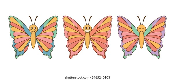 Smiling groovy butterfly characters set. Hippie retro style. Insect icons. Vector illustration