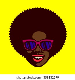 Smiling groovy cool dude face, black man with afro hair and stylish sunglasses vector illustration