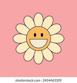 Smiling groovy daisy flower character on pink background. Hippie retro style. Flower icons. Vector illustration
