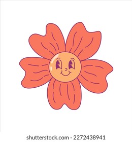 Smiling Groovy Flower Vector. Cute hand drawn floral character in trendy retro cartoon style. Funny doodle flower for kids, print, greeting card
