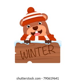 smiling groundhog in hat  and scarf  holding wooden plate with winter text. cartoon vector illustration. isolated on white background