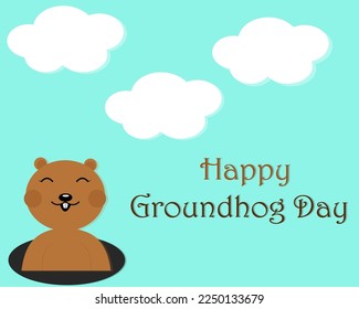 Smiling groundhog on a blue background with clouds.