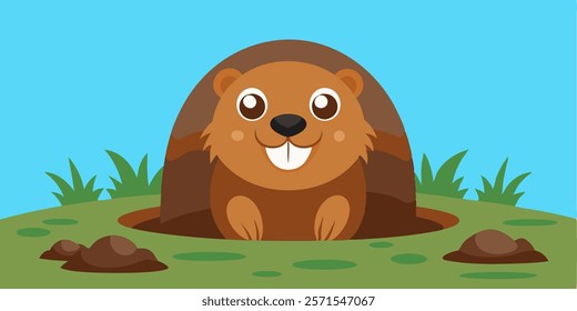 A smiling groundhog poking his head out of a whole in the ground. Vector illustration