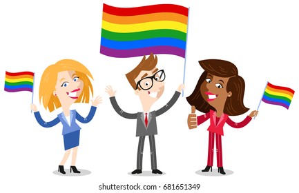 Smiling group of cartoon business people waving rainbow LGBT flag celebrating gay pride isolated on white background