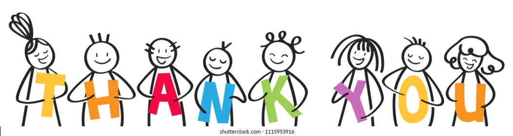 Smiling group of stick figures holding colorful letters, men and women, THANK YOU, isolated on white background