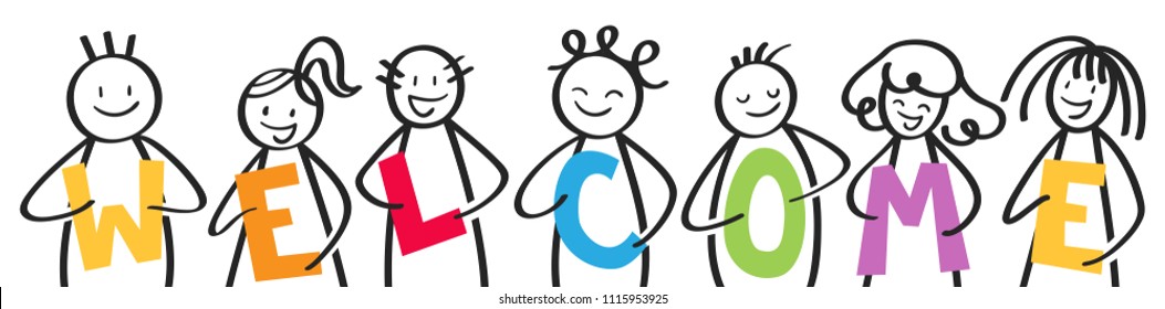 Smiling group of stick figures holding colorful letters, men and women, WELCOME, isolated on white background