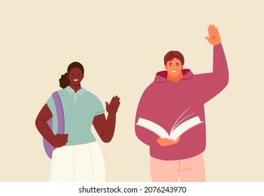 Smiling group of students with books in their hands. Vector illustration