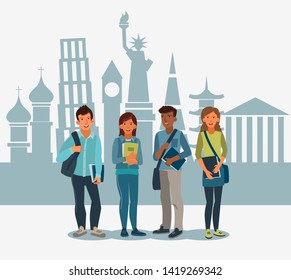 Smiling group of students standing with notebooks in front of famous landmarks. Back to school vector illustration.  Communication, teamwork and connection concept