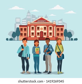 Smiling group of students standing with notebooks. Back to school vector concept 