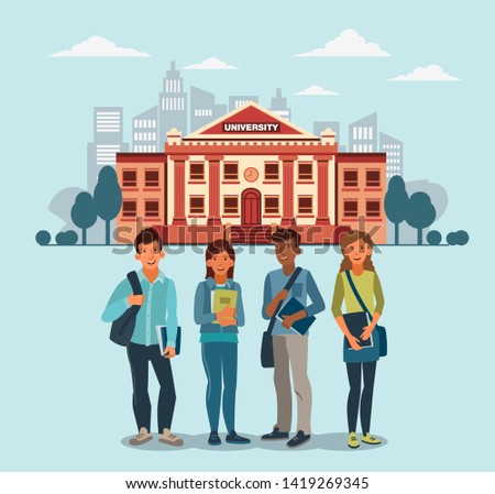 Smiling group of students standing with notebooks. Back to school vector concept 