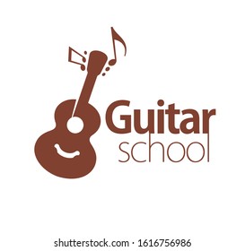 Smiling guitar and notes logotype concept. Suitable for music schools, music instruments stores, learning courses etc. Editable EPS vector