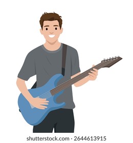 Guitarrista Sorridente com Vibrações Elétricas. Ilustração de vetor plano isolada no plano de fundo branco