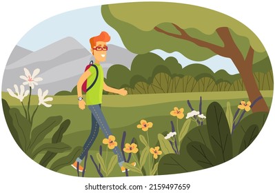 Smiling guy with backpack walking in forest. Tourist during walk or hike. Travel, hiking tour, camping concept. Man at outdoor expedition in nature. Person traveling in summer park or forest