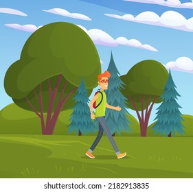 Smiling guy with backpack walking in forest. Tourist during walk or hike. Hiking tour, camping concept. Man at outdoor expedition in nature. Male character traveling in summer park or forest