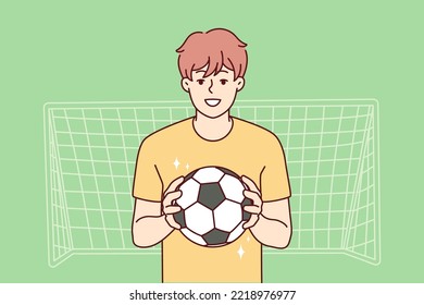 Smiling guy with ball stand near gates playing football. Happy male athlete or sportsman enjoy soccer game outdoors. Goalkeeper near net. Vector illustration. 