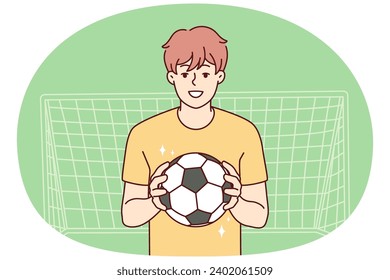 Smiling guy with ball stand near gates playing football. Happy male athlete or sportsman enjoy soccer game outdoors. Goalkeeper near net. Vector illustration.