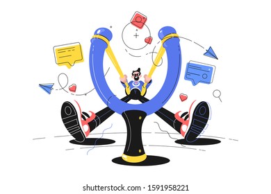 Smiling guy with big slingshot vector illustration. Guy aiming at something and trying achieve goal flat style design. Message, like, camera icons. Social networks concept