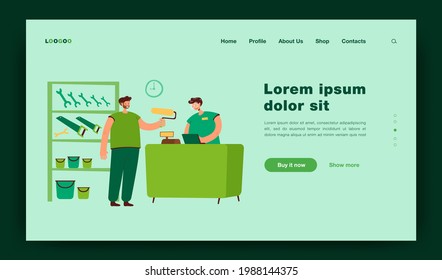 Smiling guy buying paint roller in tool store flat vector illustration. Cartoon salesman servicing and advising customer. Hardware shop interior and construction concept