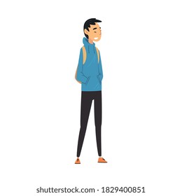 Un tipo sonriente con ropa informal parado con mochila, universidad o universidad ilustración de vectores de personajes