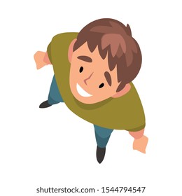 Smiling Guy Character Looking Up, View from Above Vector Illustration